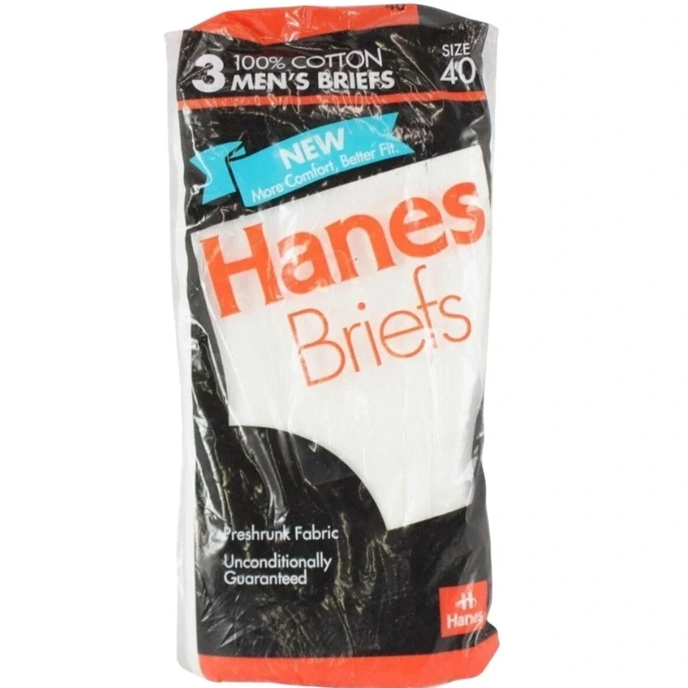 Vintage 1992 Hanes Mens Briefs 3 Pack White 100% Cotton Size 40 New Deadstock